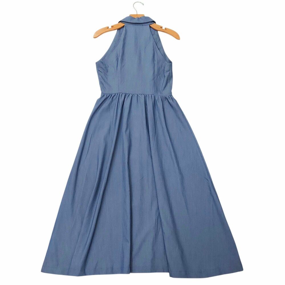 Rihoas The Lapel Sleeveless Midi Dress Womens Small Blue Chambray Button Up - Picture 7 of 12